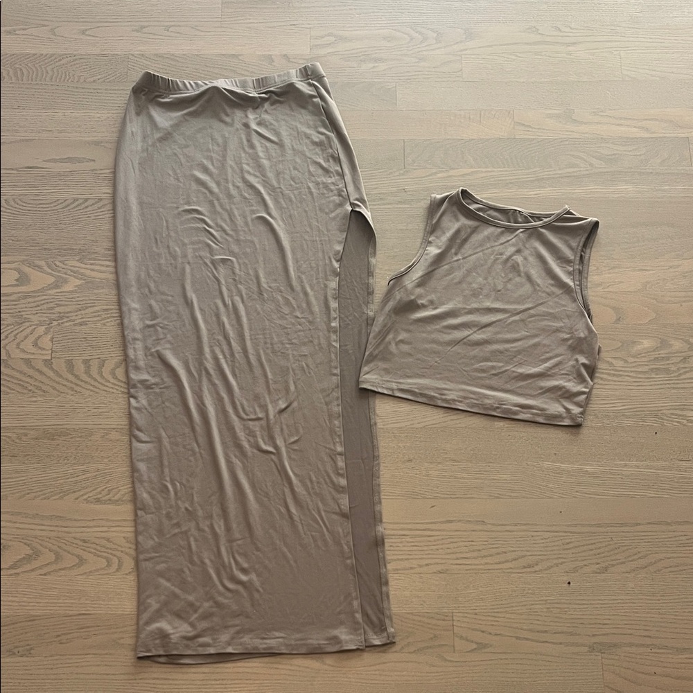 Taupe Sleeveless Crop Top and Maxi Skirt Set